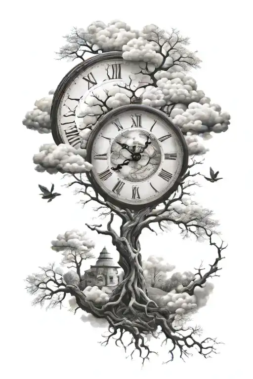 clouds eye clock life tree tattoo design idea