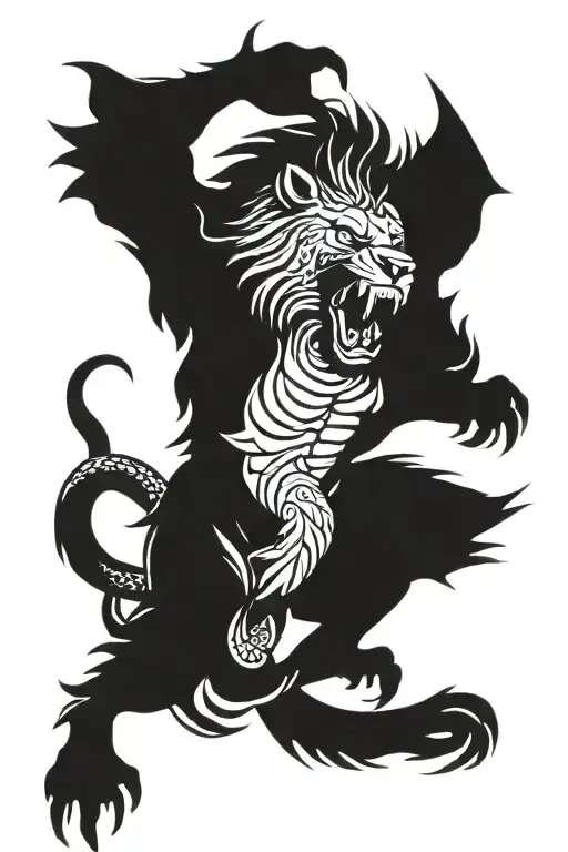 winged snarling lion fighting a snake  tattoo design idea