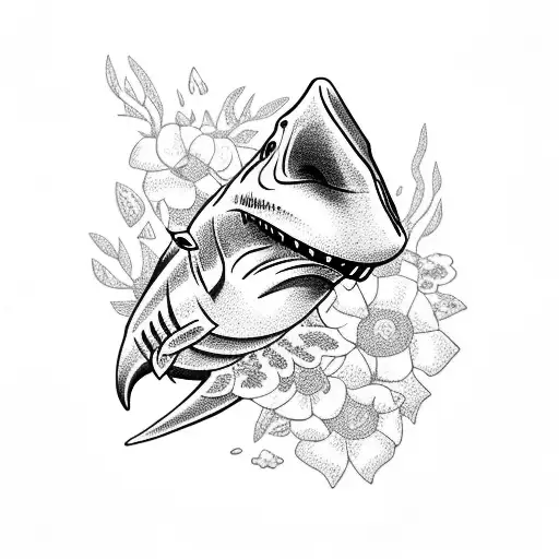 hammer head shark with flowers tattoo design idea