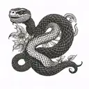 black snake on shoulder with tail going down towards triceps and front and head of the snake wrapping around collarbone tattoo design idea