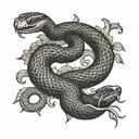 black snake on shoulder with tail going down towards triceps and front and head of the snake wrapping around collarbone tattoo design idea