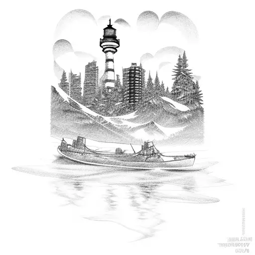 Kochi city fishing Toronto city skyscrapers Alberta province mountains Nova Scotia province light house  tattoo design idea