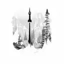 Kochi city fishing Toronto city skyscrapers Alberta province mountains Nova Scotia province light house  tattoo design idea