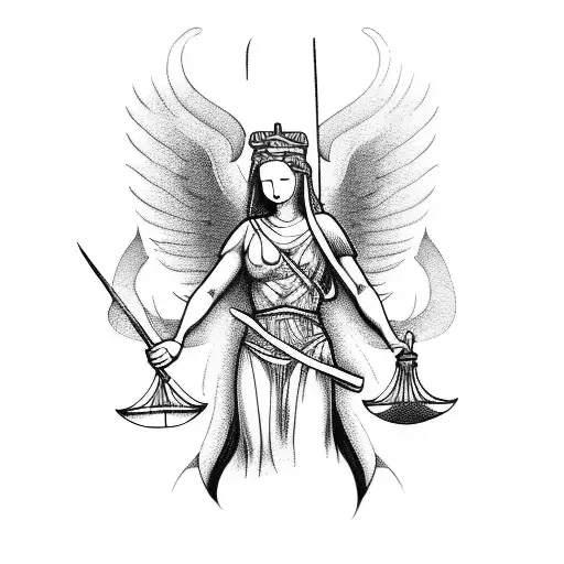 Blackwork "Lady Justice As Caduceus Sword" Tattoo - BlackInk AI