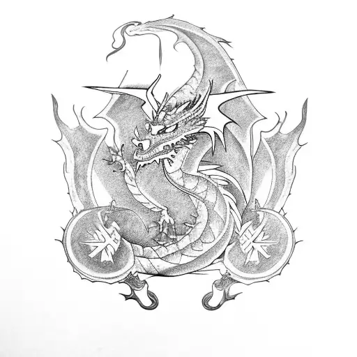 Dragon with justice balance, medicine symbol, or sword tattoo design idea