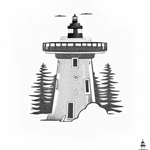 A blackwork tattoo of a lighthouse standing tall among towering Pacific Northwest trees, symbolizing the chef's guiding light in the culinary world tattoo design idea