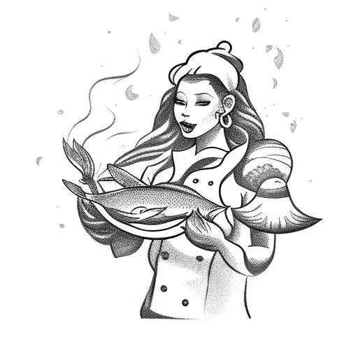 A black-grey tattoo of a mermaid chef cooking a delicious seafood dish in a forest of Pacific Northwest trees tattoo design idea