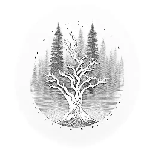 An intricate blackwork tattoo of a majestic Pacific Northwest tree with waves crashing against its roots tattoo design idea