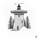 A blackwork tattoo of a lighthouse standing tall among towering Pacific Northwest trees, symbolizing the chef's guiding light in the culinary world tattoo design idea
