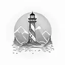 A blackwork tattoo of a lighthouse standing tall among towering Pacific Northwest trees, symbolizing the chef's guiding light in the culinary world tattoo design idea
