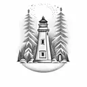 A blackwork tattoo of a lighthouse standing tall among towering Pacific Northwest trees, symbolizing the chef's guiding light in the culinary world tattoo design idea