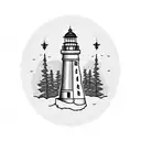 A blackwork tattoo of a lighthouse standing tall among towering Pacific Northwest trees, symbolizing the chef's guiding light in the culinary world tattoo design idea