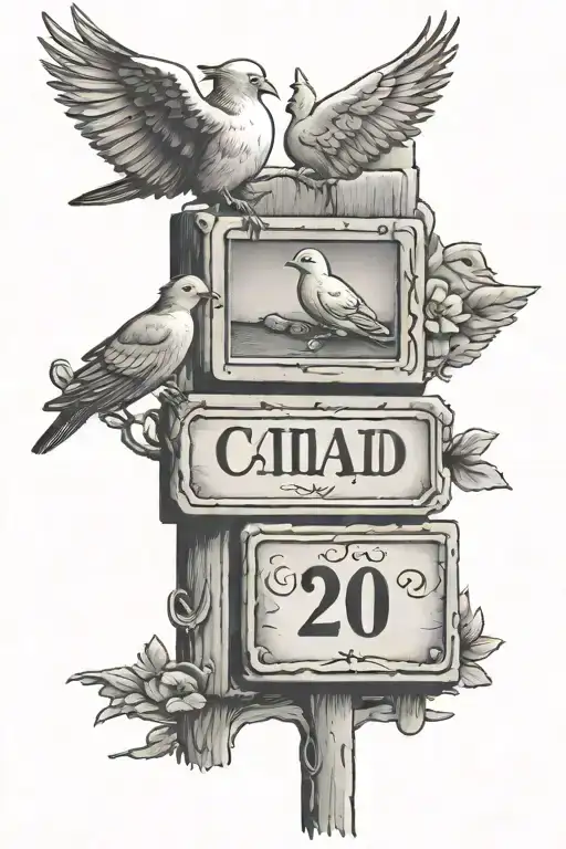 street sign and mouse and dove bird and memorial date and two kids playing tattoo design idea