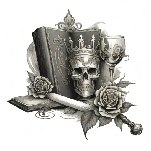 roses crown pearl sword book wine glass tattoo design idea