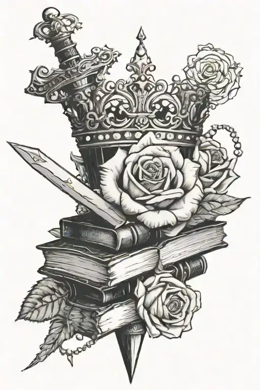 A rose intertwined with a stack of books, with a sword piercing through them, topped with a crown and adorned with pearls tattoo design idea