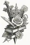 A rose intertwined with a stack of books, with a sword piercing through them, topped with a crown and adorned with pearls tattoo design idea