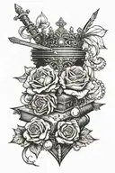 A rose intertwined with a stack of books, with a sword piercing through them, topped with a crown and adorned with pearls tattoo design idea