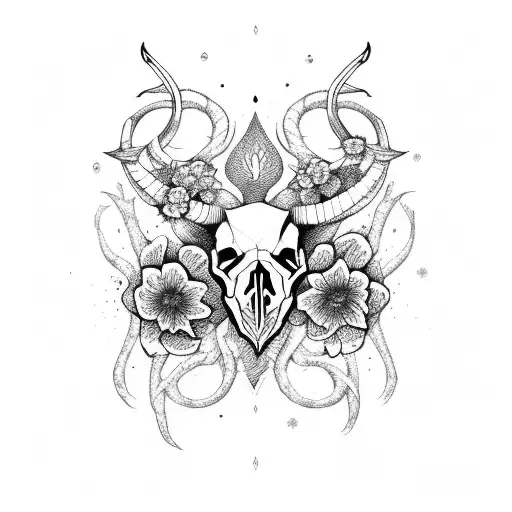 Capricorn skull with flowers  tattoo design idea