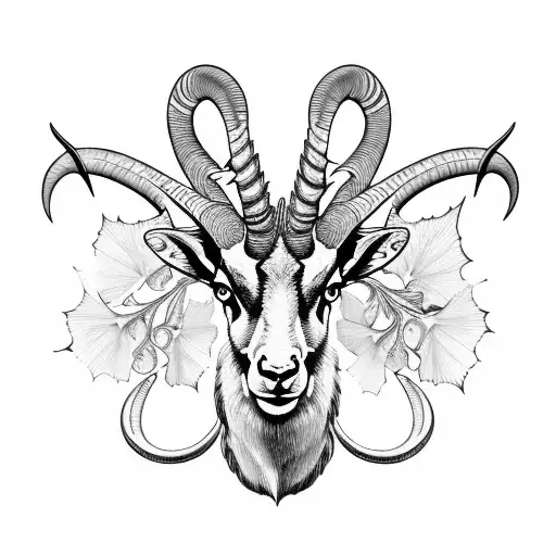 long horn alpine ibex bust surrounded by ginkgo leaves tattoo design idea
