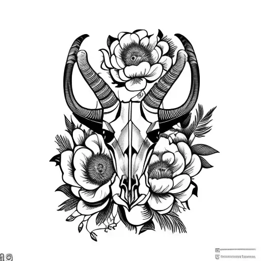 long horn ibex skull front view surrounded by peony flowers tattoo design idea
