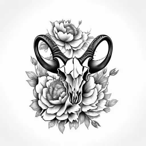 long horn ibex skull front view surrounded by peony flowers tattoo design idea