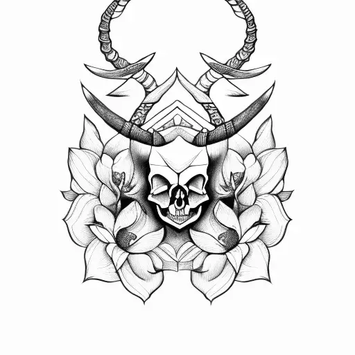 Capricorn skull with magnolia flowers narrow tattoo design idea