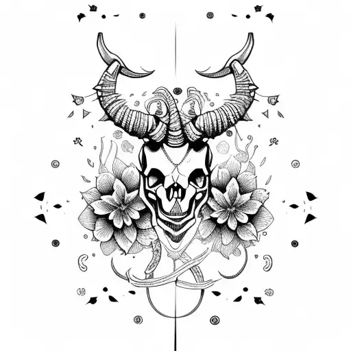 Capricorn skull with flowers  tattoo design idea