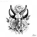 long horn ibex skull front view surrounded by peony flowers tattoo design idea