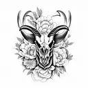 long horn ibex skull front view surrounded by peony flowers tattoo design idea