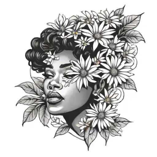 daisies around a beautiful black woman tattoo design idea