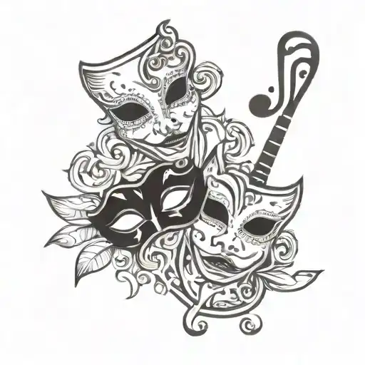music themed cracked comedy and tragedy masquerade  tattoo design idea