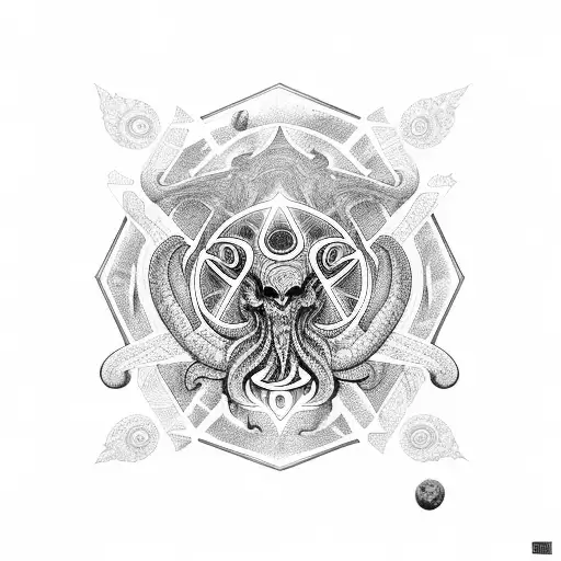 psychedelic hexeract and Cthulhu in a space environment with bright colors and sharp lines and a lot of detail  tattoo design idea