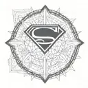 a superman logo shield and dragon, with sacred geometry chestahedron background tattoo design idea