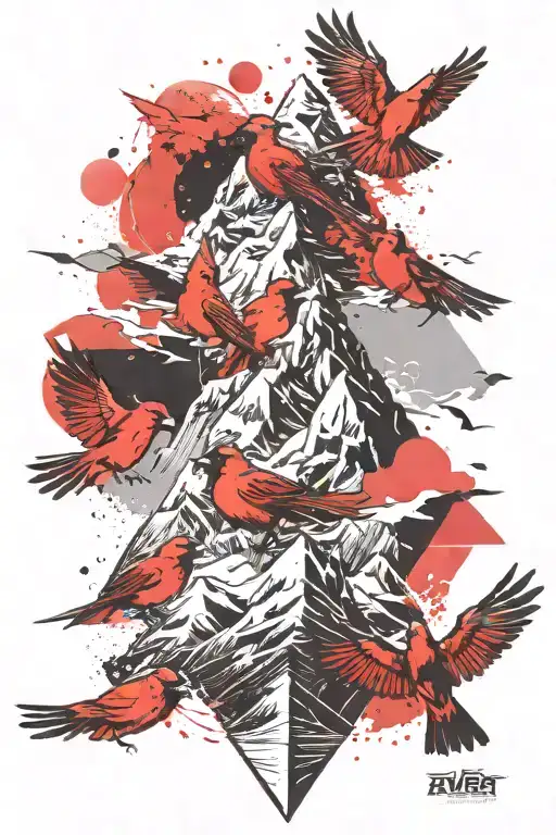 mt. Everest and small cardinal flying tattoo design idea