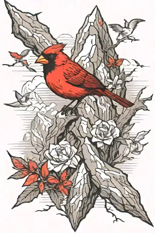 mt. Everest and small cardinal flying tattoo design idea