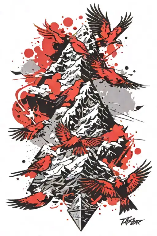 mt. Everest and small cardinal flying tattoo design idea