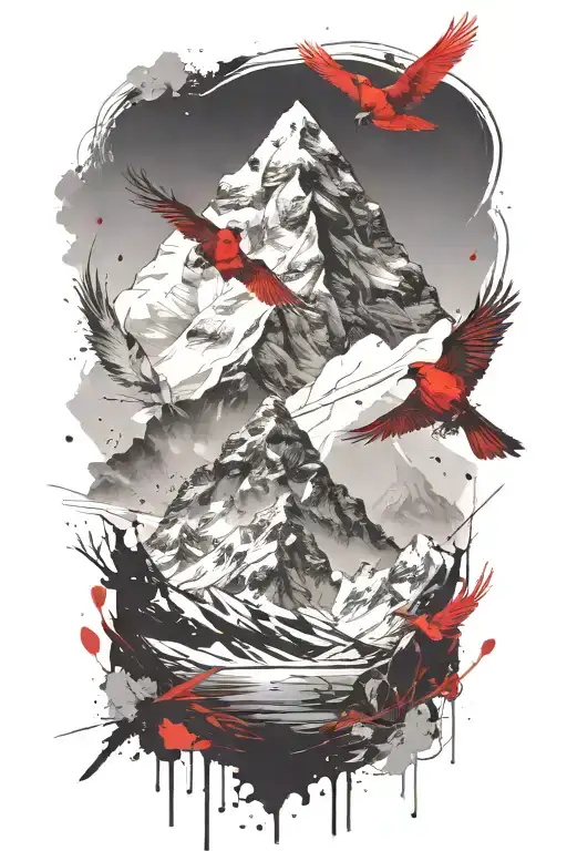 mt. Everest and small cardinal flying tattoo design idea