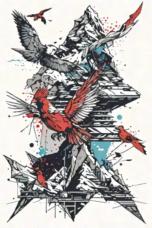 mt. Everest and small cardinal flying tattoo design idea