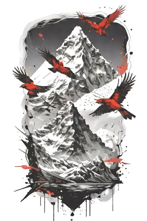 mt. Everest and small cardinal flying tattoo design idea