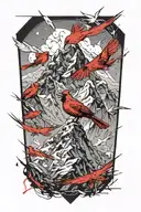 mt. Everest and small cardinal flying tattoo design idea