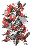 mt. Everest and small cardinal flying tattoo design idea