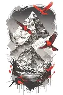mt. Everest and small cardinal flying tattoo design idea