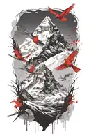 mt. Everest and small cardinal flying tattoo design idea
