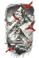 mt. Everest and small cardinal flying tattoo design idea