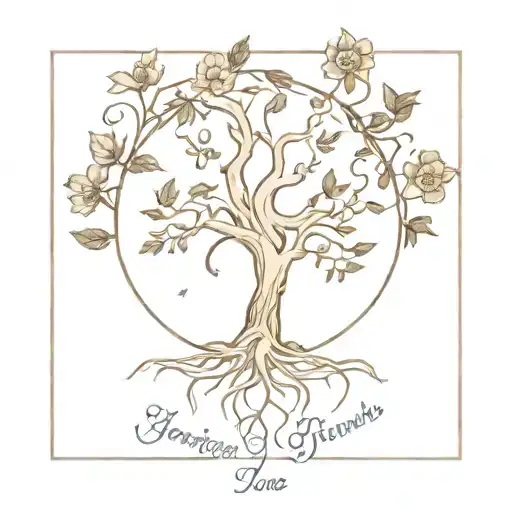 A minimalist tattoo of a family tree with roots symbolizing strength and growth, intertwined with Virginia native flowers tattoo design idea