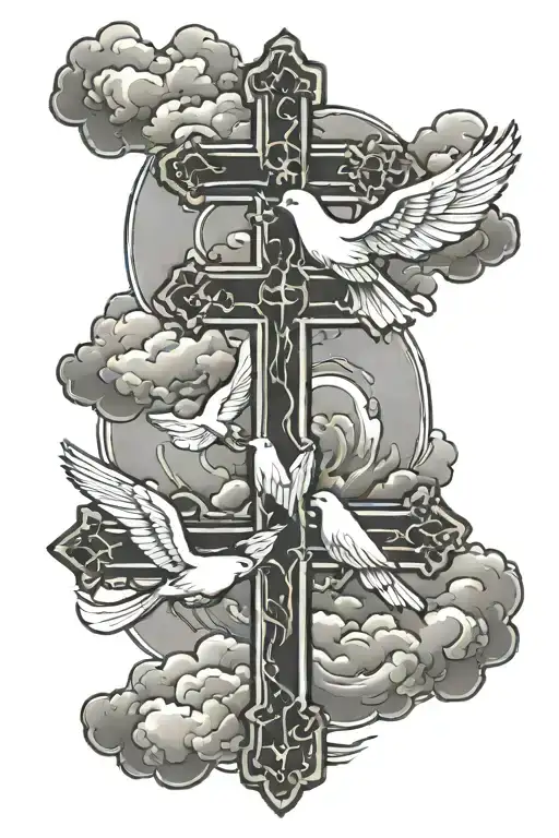 3 crosses with clouds surrounding with a dove flying tattoo design idea