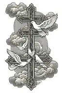 3 crosses with clouds surrounding with a dove flying tattoo design idea