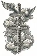 3 crosses with clouds surrounding with a dove flying tattoo design idea