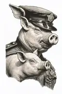 pig in a cop uniform getting shot in the head profile holding tattoo design idea