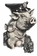 pig in a cop uniform getting shot in the head profile holding tattoo design idea
